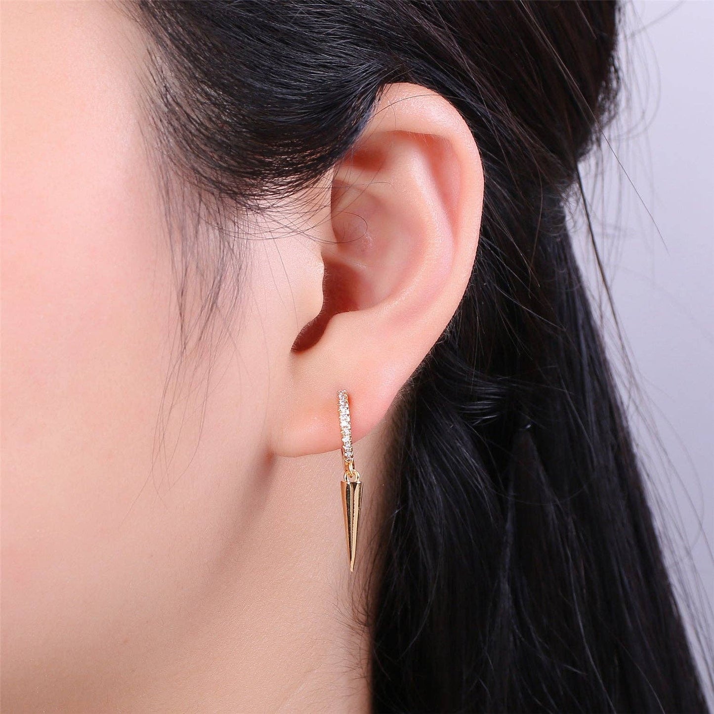 Gold Dangle Spike Earrings with CZ hoop huggies