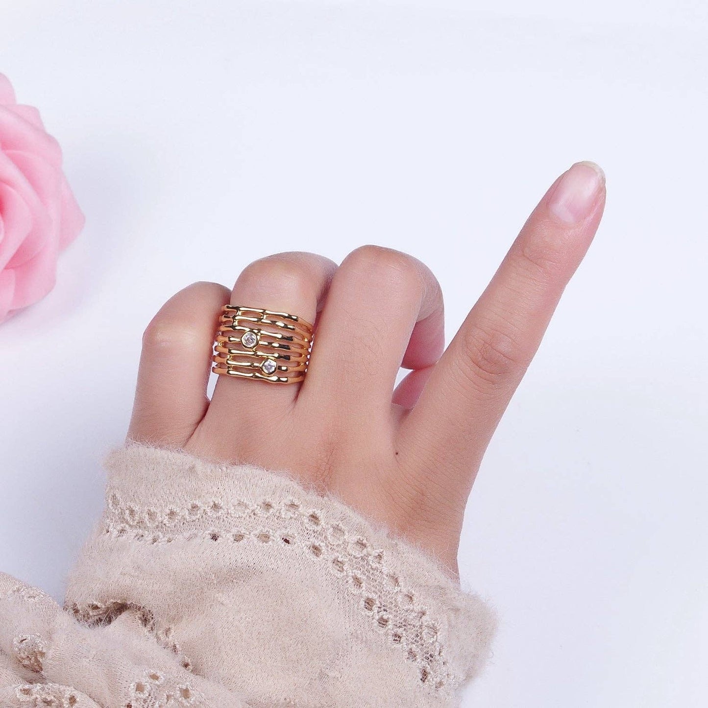 Gold Wide Bamboo Statement Ring |