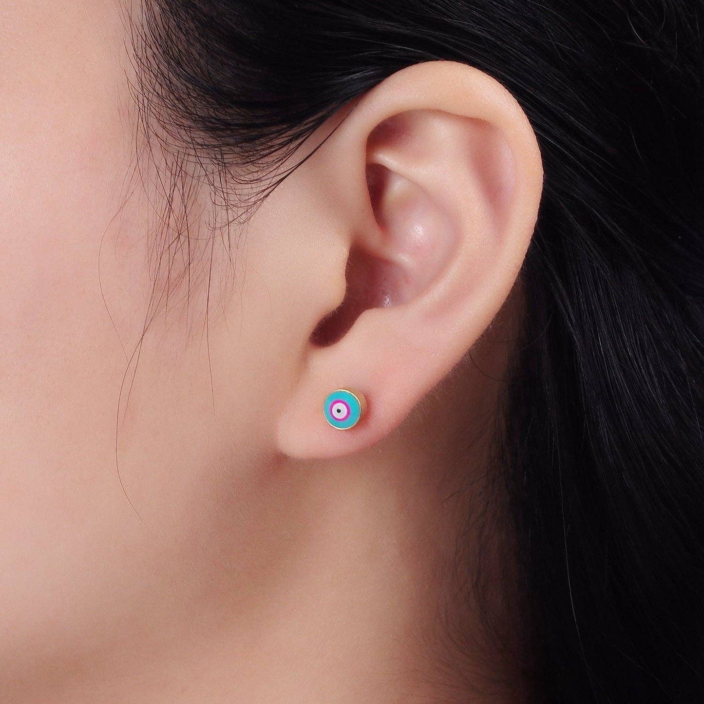 Evil Eye Blue-Pink Enamel Round Stud Earrings
