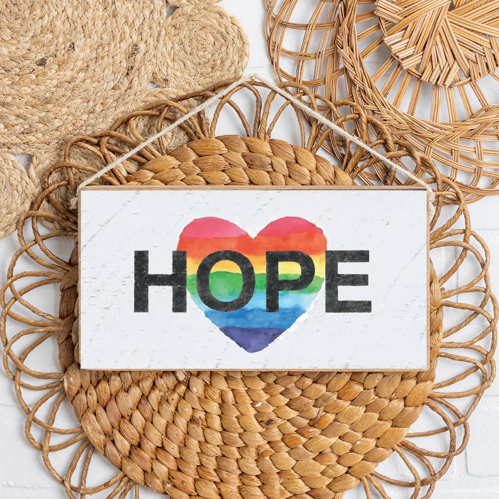 Rainbow Hope Heart Twine Hanging Sign.