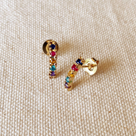 Gold Curved Bar Multicolor Crystal Stud Earrings
