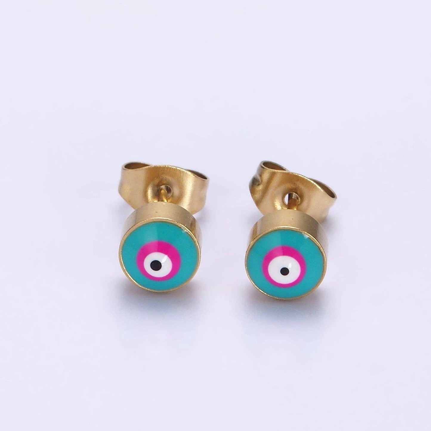 Evil Eye Blue-Pink Enamel Round Stud Earrings