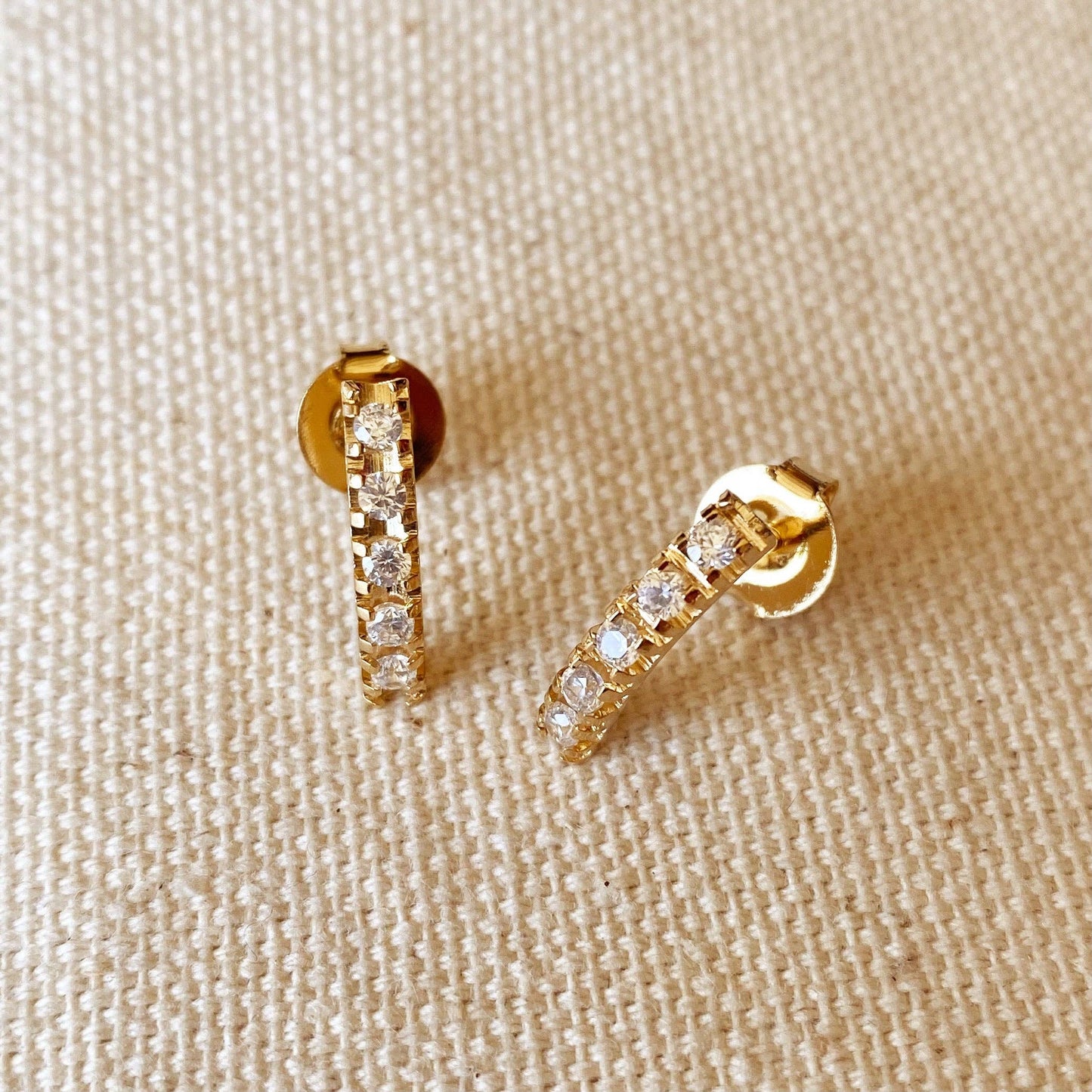 Gold Curved Bar Clear Crystal Stud Earrings