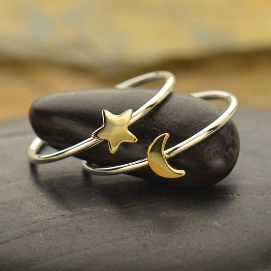 Nina Designs - Sterling Silver Ring Set - Tiny Bronze Moon and Star